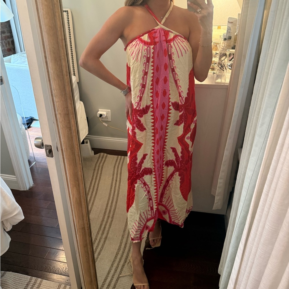 FARM Rio for Anthropologie Red and Cream Halter Maxi Sundress